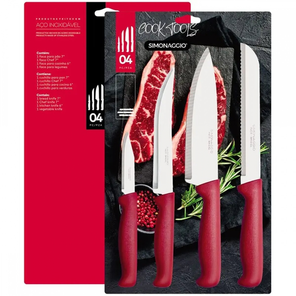 Conjunto de Facas Simonaggio Cook Tools 4 peças - Vermelho