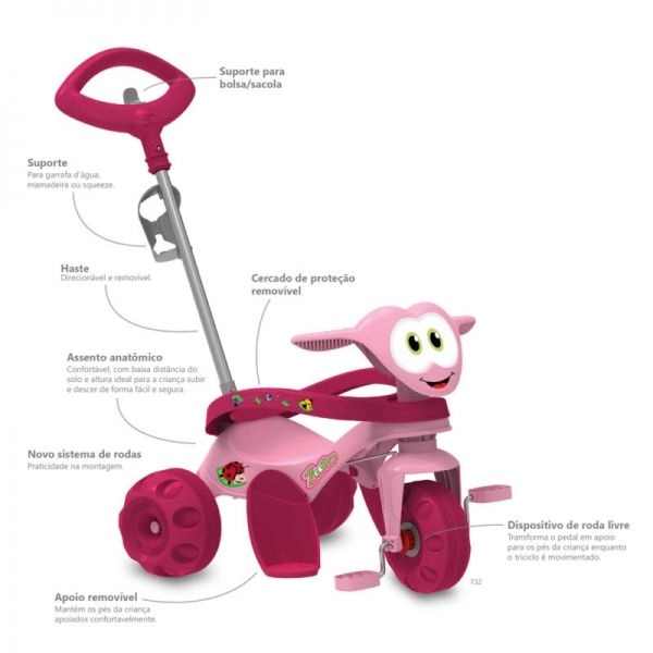 Triciclo Bandeirante Zootico Passeio e Pedal Joaninha - Rosa