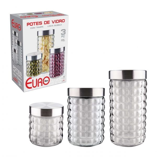 Conjunto de Potes de Vidro com Tampa Inox Euro 3 Pçs Bubble