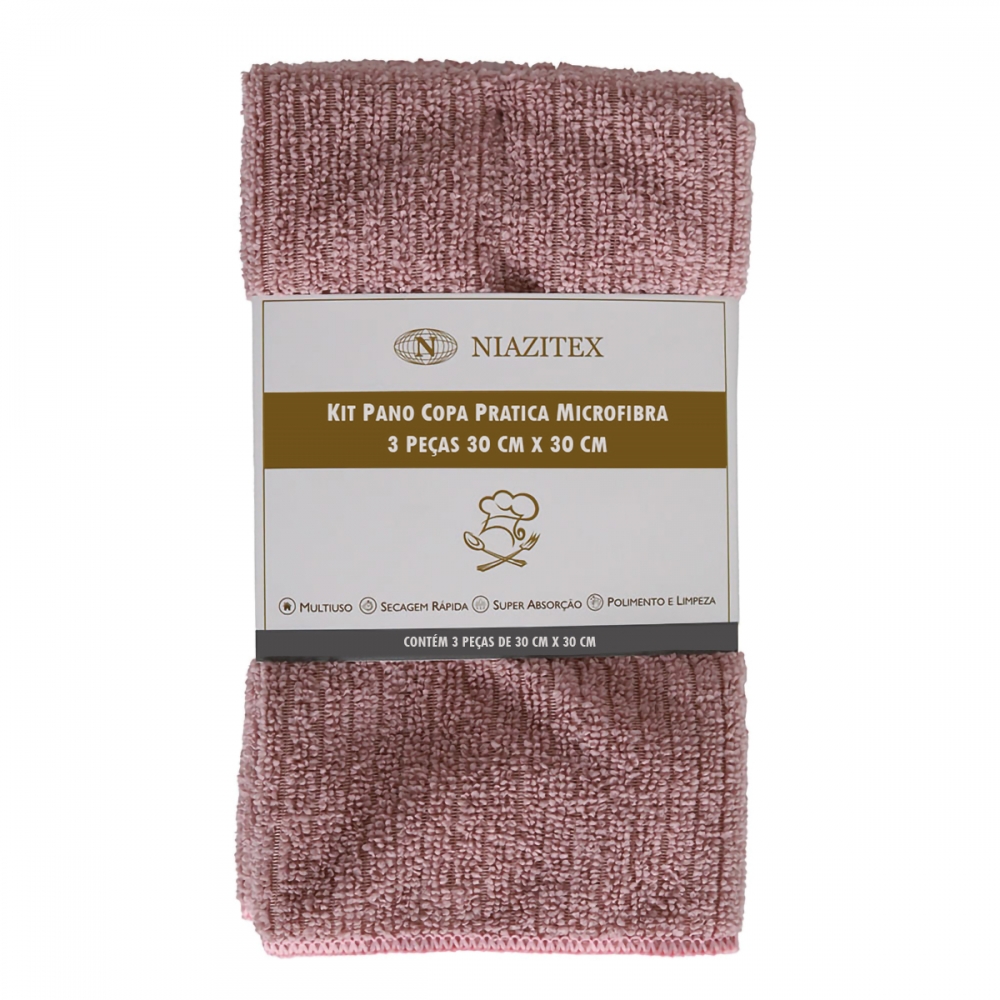 Pano Copa Kit 3 Pcs Microfibra Pratica 30x30 - Rosê