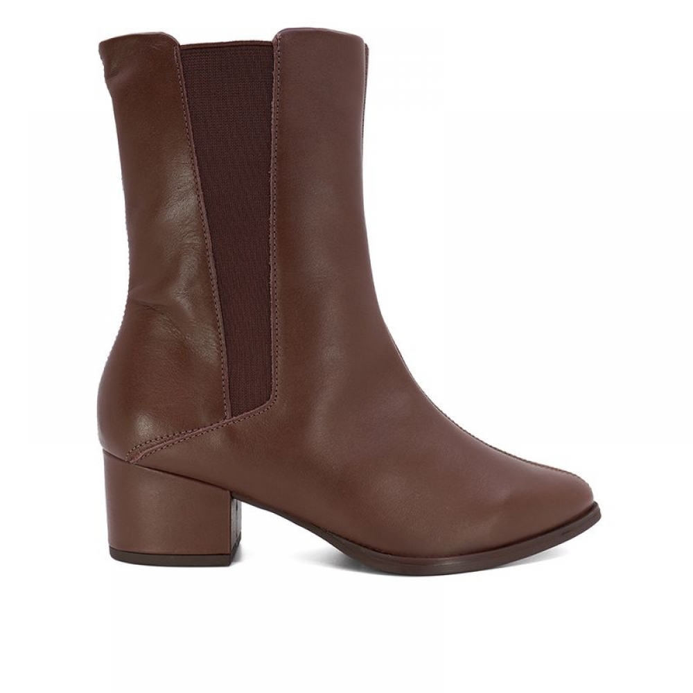 Bota Feminina Salto Bloco Usaflex em Couro Elástico - Chocolate